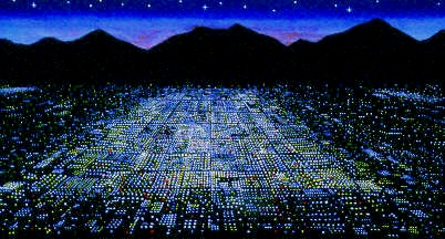 Original, fluorescent painting titled City Lights, shows lights at night from a big city by the mountains.